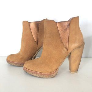 Belle by Sigerson Morrison Tan Suede Ankle Booties Platform Chelsea Boots 35 5